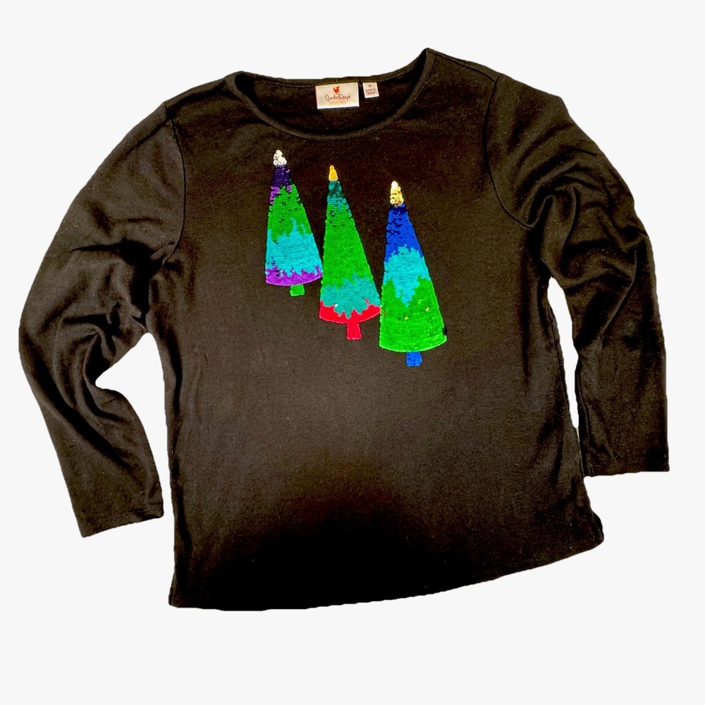 Quacker Factory Christmas Tree Top Long Sleeve Black Womens Med Appliqué Sequins